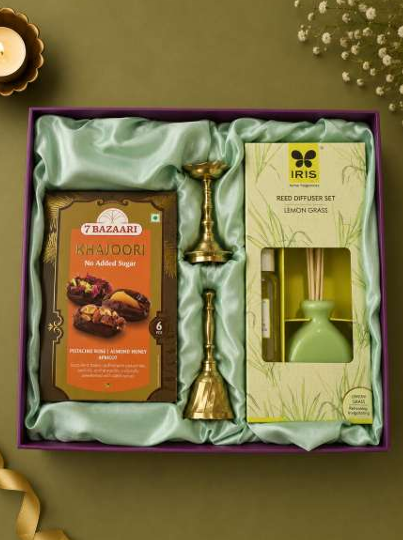 Kajoor Bites, Brass Bell,  Brass Diya, Iris Diffuser