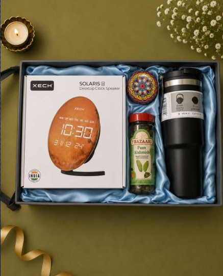 Solaris Desk Clock with BT Speaker,  Paan Kishmish, Stanley Mug, Mandala Candle