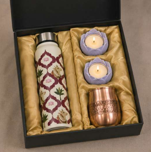 Premium Copper Bottle, Glass & Candle Gift Set