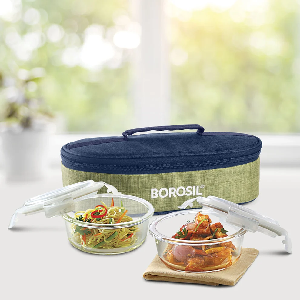 Borosil Blue Glass Lunchbox, Round × 2 (Flat)
