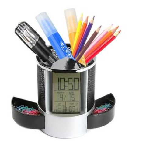 Digital Clock Pen Holder Desk Organizer