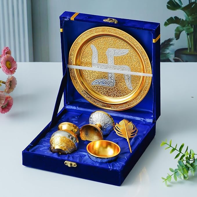 Gold Silver Pooja Thali Set with Bowls and Velvet Box