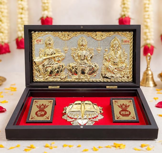 Lakshmi Ganpati Sarawati Gold Plated Photo Frame