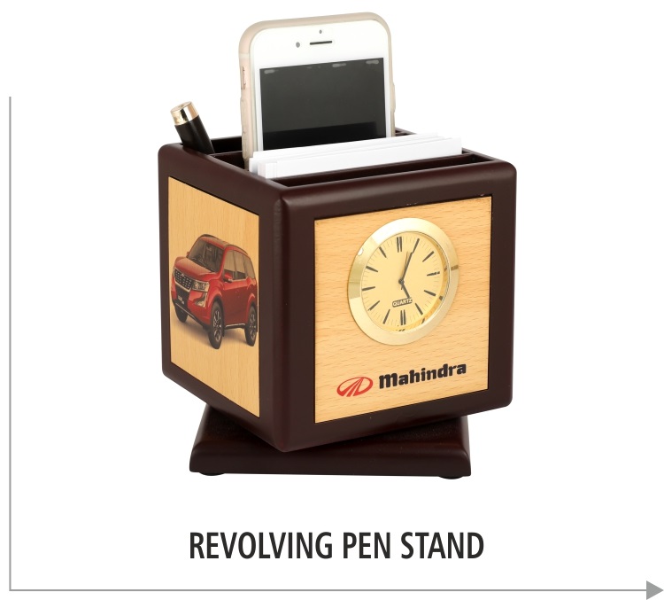 Revolving Wooden Pen Stand With Clock