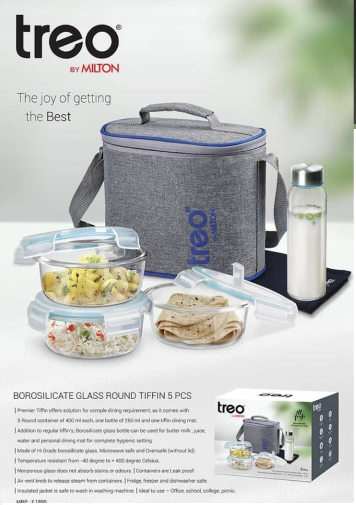 Treo Insulated Lunch Bag with Glass Containers - Grey