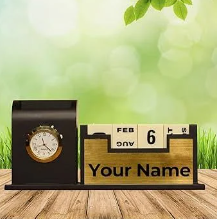 Wooden Desktop Calendar With Clock And Name Plate