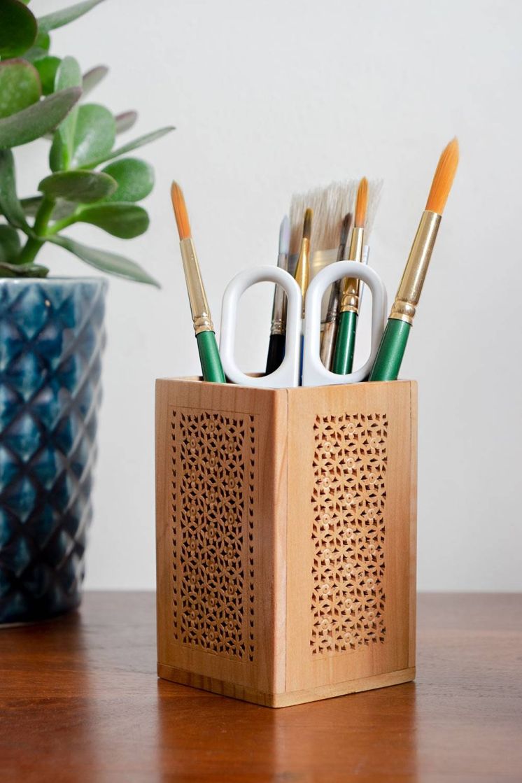 Wooden Laser Cut Pen Holder Desk Organizer