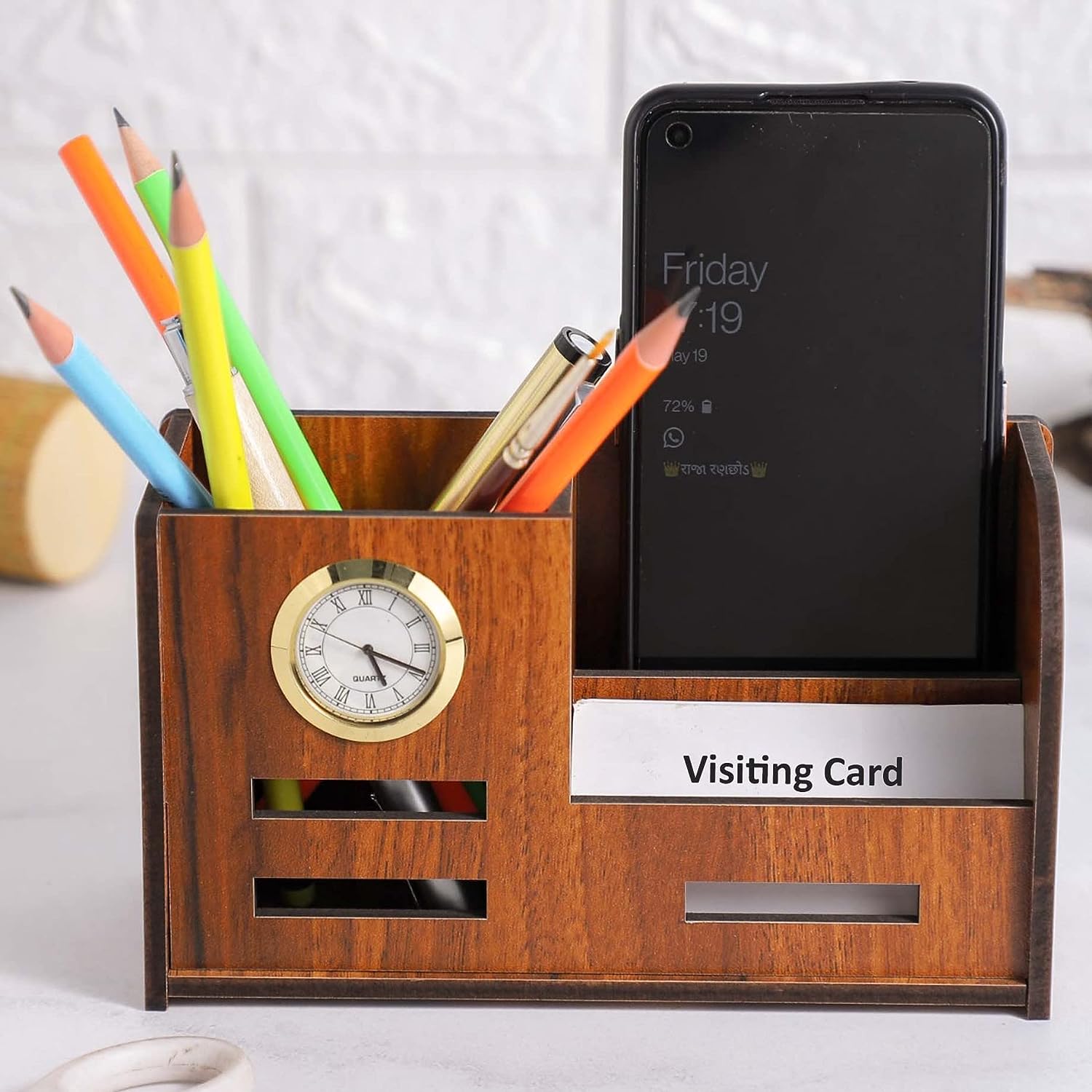 Wooden Mobile Holder Pen Stand With Clock