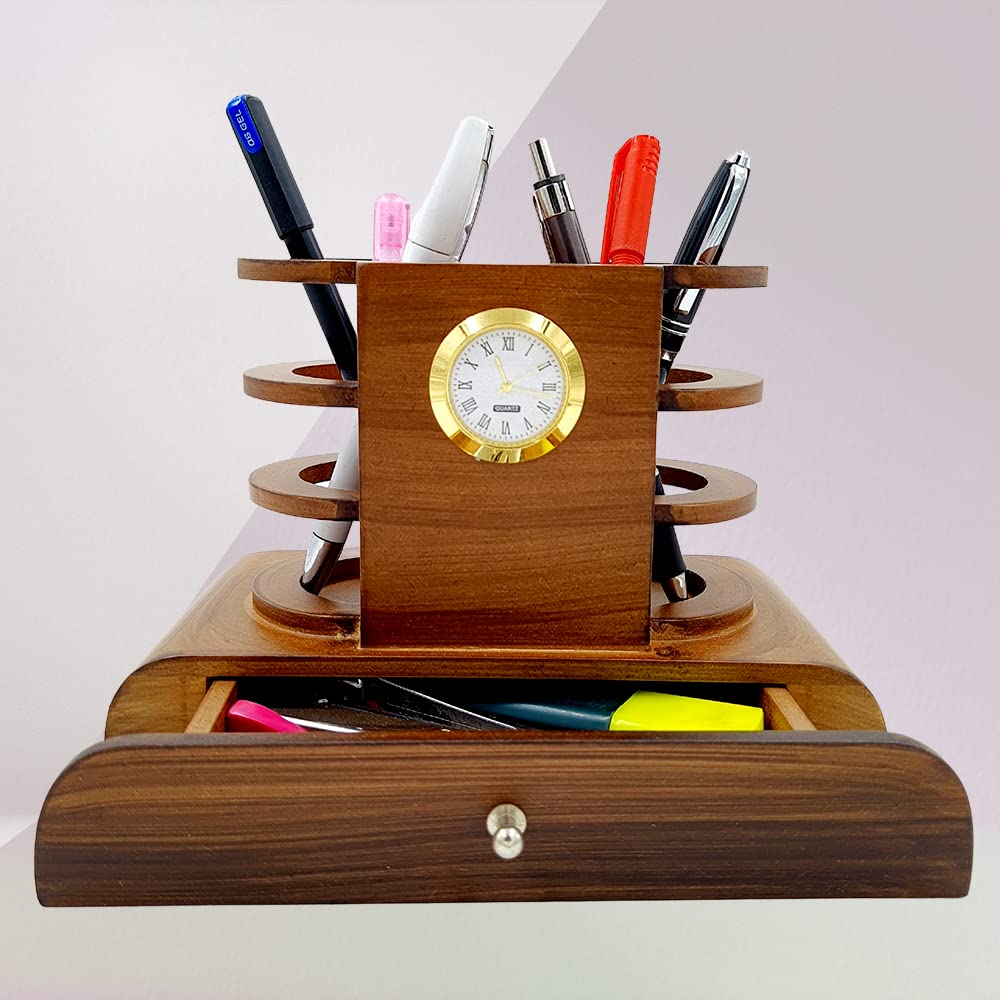 Wooden Pen Stand With Clock Desk Organizer