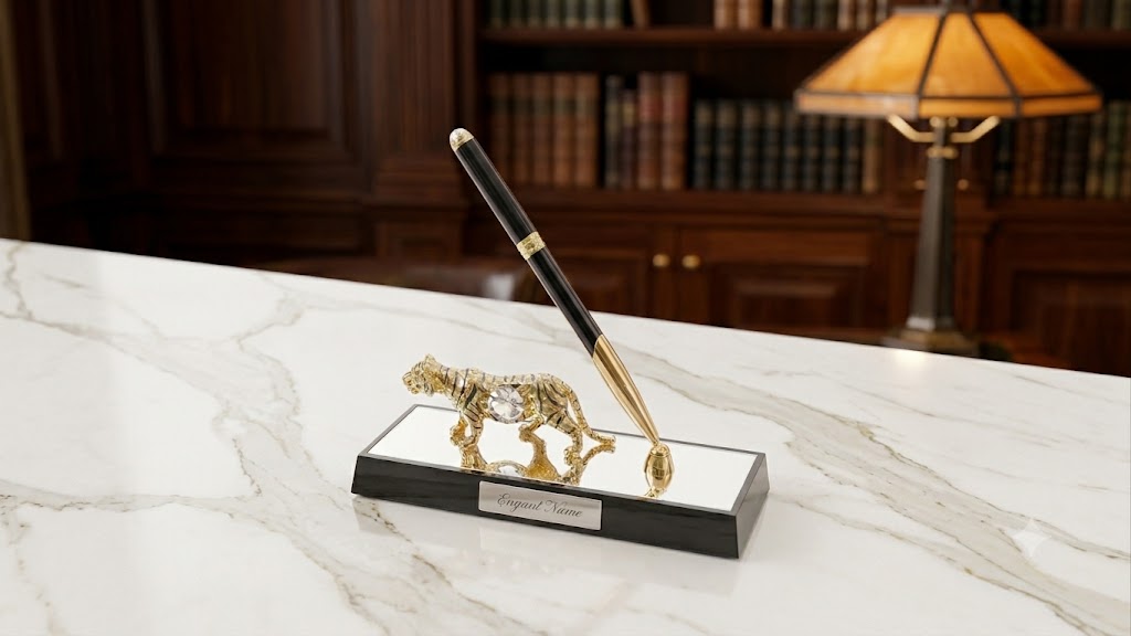Luxury Tiger Gold-Plated Pen Stand